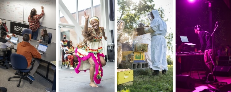 A collage of images showing R I T students participating in an editorial review meeting, dancing in a cultural dance event, tending to a beehive, and DJ-ing a concert.