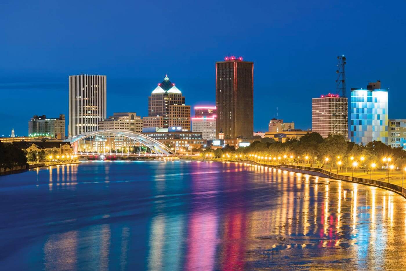 Vibrant photo of the Rochester skyline at dusk