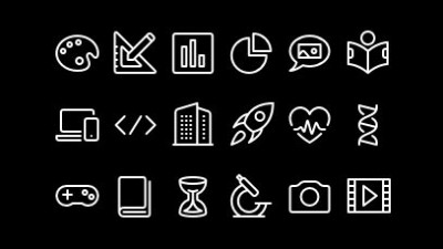 a collage of 18 line art icons featuring technology, art, science, and other areas of study