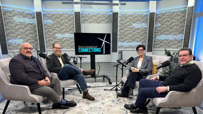 From left, Neal Sherman, founder and CEO of TAGeX Brands; Christopher Bates, a master sommelier and owner of Element Winery and FLX Table; "Environmental Connections" host Jasmin Singer; and Daniel Johnson, a professor of the Department of Packaging and Graphic Media Science for the College of Engineering Technology at Rochester Institute of Technology.