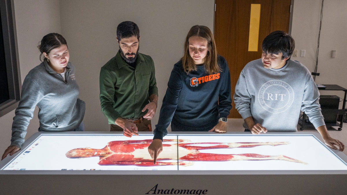 Four students using an interactive anatomy table, examining a digital human body model in a medical learning environment.