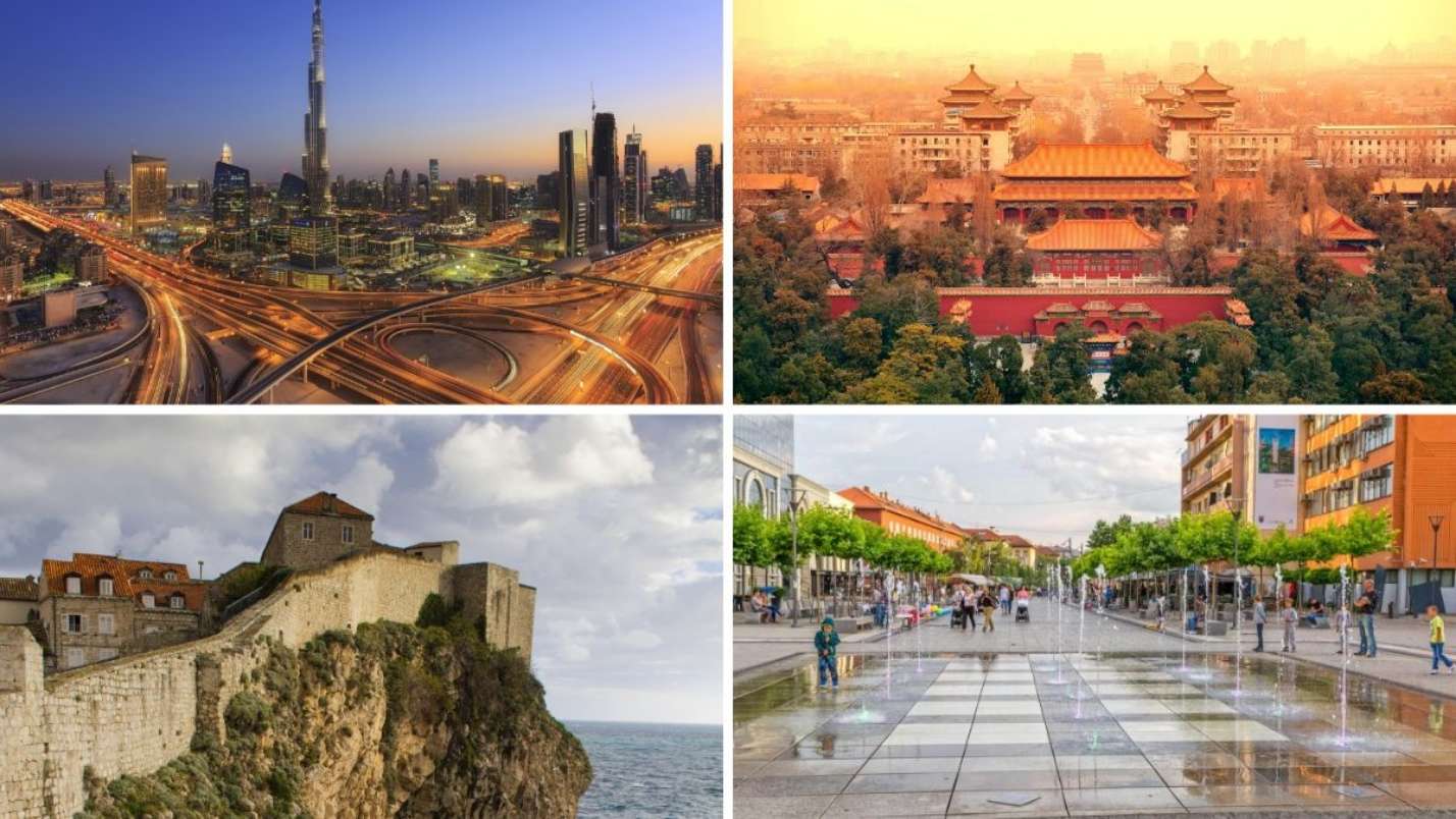 Collage of four global destinations: Dubai skyline, Beijing's Forbidden City, Dubrovnik's historic walls, and a modern city square with fountains.