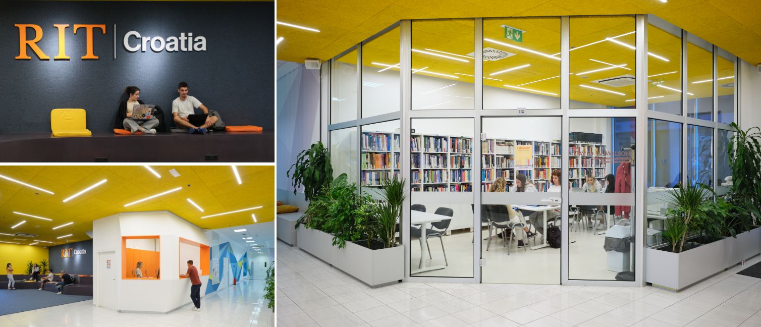 Collage of RIT Croatia interior with students studying, a library, and modern academic common areas.